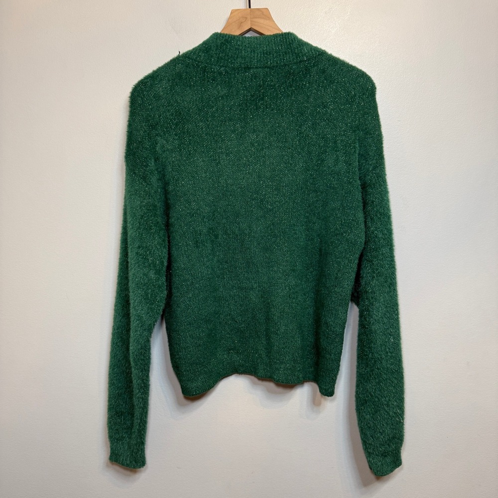 Wicked x Katie Kime Emerald Green Fuzzy Metallic Heart Button Cardigan Large - Picture 5 of 5